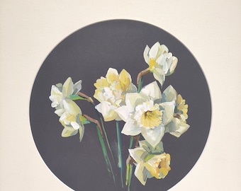 Narcisos originales en gouache: bodegón floral redondo