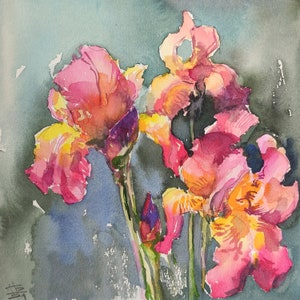 Original watercolor flowers painting | Irises | botanical painting | 20x20 cm | watercolor sketch | watercolor on paper | realism