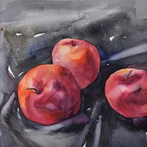 Schizzo di mele ad acquerello dipinto originale "Mele autunnali rosse", natura morta, pittura di frutta, 23,5x23,5 cm, schizzo ad acquerello su carta