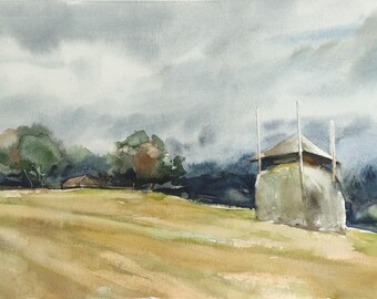 Pintura original em aquarela de Summer Haycock, paisagem ucraniana, 32 x 50 cm