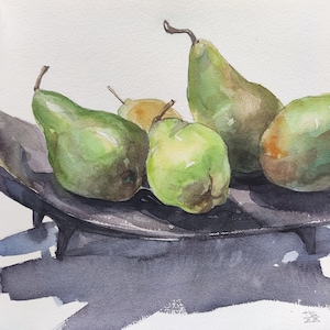 Schizzo di pere dipinto ad acquerello originale "Pere in barca", natura morta, dipinto di frutta, 23,5x23,5 cm, schizzo ad acquerello su carta