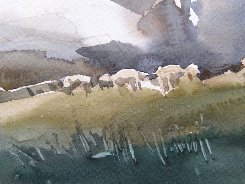 Watercolor original landscape painting On the Pasture 20x40 cm paper watercolor pleinair