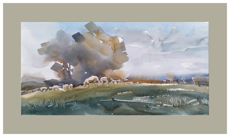 Watercolor original landscape painting On the Pasture 20x40 cm paper watercolor pleinair