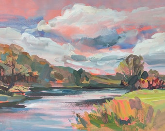Autumn Sky Gouache Painting: Original Landscape Artwork (35x50 cm)