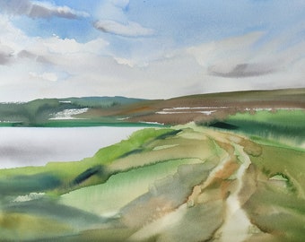 Pintura original em aquarela de paisagem: Campos de verão, arte ao ar livre (38 x 56 cm)