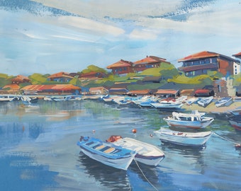 Landscape original painting | gouache boats | sea landscape | seascape | "Boats. Nesebar" 33x48 cm | gouache on paper | pleinair