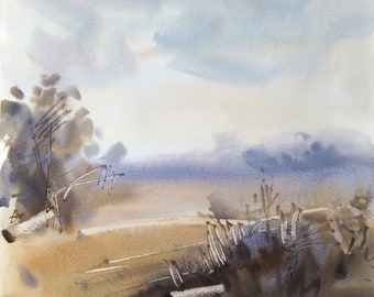 Watercolor original abstract landscape painting "Autumn mood" 30x30 cm, watercolor on paper, realism