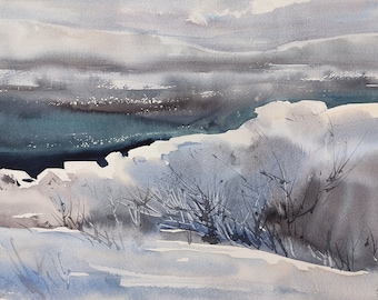 Dipinto originale ad acquerello di paesaggio invernale: "Winter Mood" (26 x 37 cm)