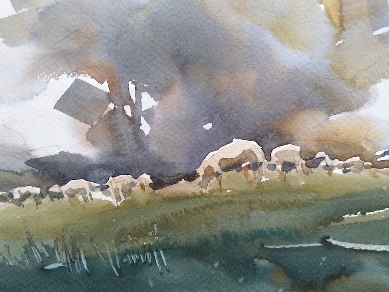 Watercolor original landscape painting On the Pasture 20x40 cm paper watercolor pleinair