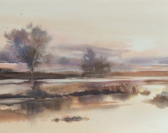 Pintura original em aquarela de paisagem: "Tarde Quente" - Arte do Pôr do Sol (38 x 56 cm)