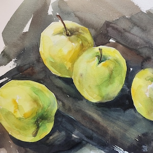 Schizzo di mele ad acquerello dipinto originale "Chi vuole delle mele?", natura morta, pittura di frutta, 23,5x23,5 cm, schizzo ad acquerello su carta