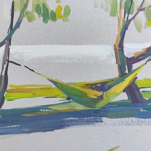 Cuadro original de paisaje / boceto gouache / "En la hamaca" / 20x35 cm / gouache sobre tabla / pleinair / boceto de paisaje