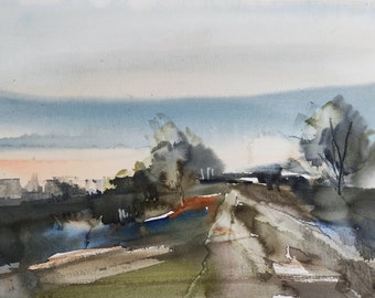 Pintura de paisagem original em aquarela: Pleinair Nature Art (30 x 42 cm)
