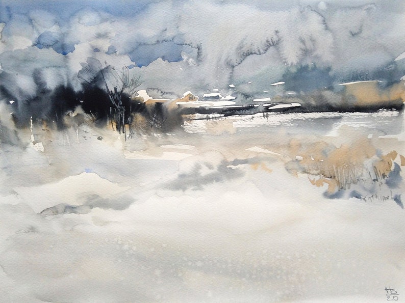 abstract painting Watercolor original abstract winter landscape painting 30x40 cm. watercolor on paper