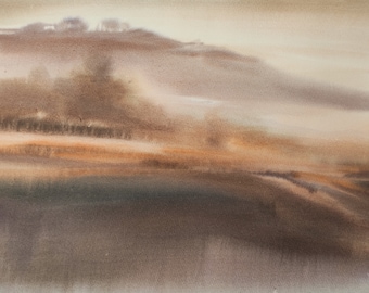 Pintura original em aquarela de paisagem: Arte abstrata das dunas ao entardecer (38 x 56 cm)