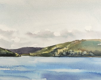 Watercolor original river landscape painting "Dnister" / 20x40 cm/ paper / watercolor / pleinair