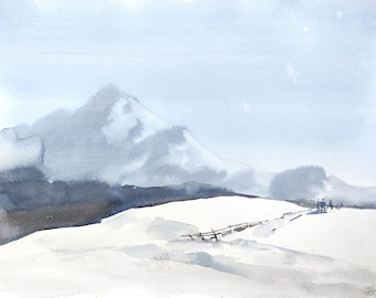 Dipinto originale ad acquerello di montagna invernale: arte paesaggistica astratta (30 x 40 cm)