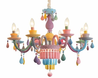 Pastel Macaron Chandelier – 8 Light Kids Room Ceiling Light, Princess Bedroom Lighting, Nursery Lamp