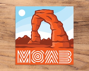 May include: A colorful illustration of a red rock arch with a blue sky and white clouds in the background. The text "MOAB" is written in white letters below the arch.
