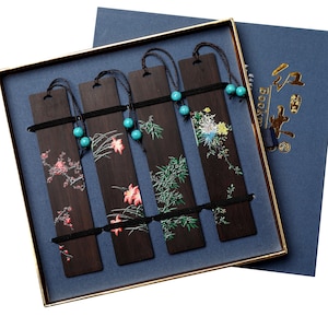 Painted Ebony Bookmarks Set: Floral Wood Bookmark with Gift Box