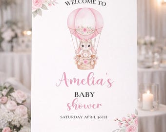 Szablon powitalnego napisu na baby shower | Plakat powitalny z króliczkiem na baby shower | Edytowalny cyfrowy napis powitalny | Natychmiastowe pobranie
