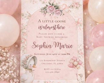 Zaproszenie na baby shower z motywem gęsi | Różowy, neutralny pod względem płci szablon na baby shower | Zaproszenie do druku z Canva | Edytowalne do pobrania