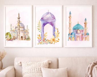 Zestaw sztuki ściennej w stylu islamskim, akwarelowe wydruki meczetu, sztuka architektury islamskiej, muzułmański wystrój domu, sztuka ścienna na Ramadan, drukowana sztuka islamska