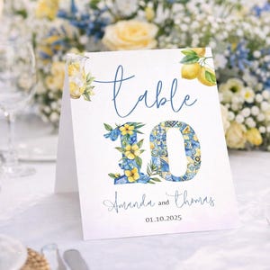 Può includere: Un segnaposto bianco con la parola "Table" in corsivo blu e il numero "10" decorato con motivi floreali blu e gialli. I nomi "Amanda e Thomas" e la data 01.10.2025 sono stampati anche sulla carta.