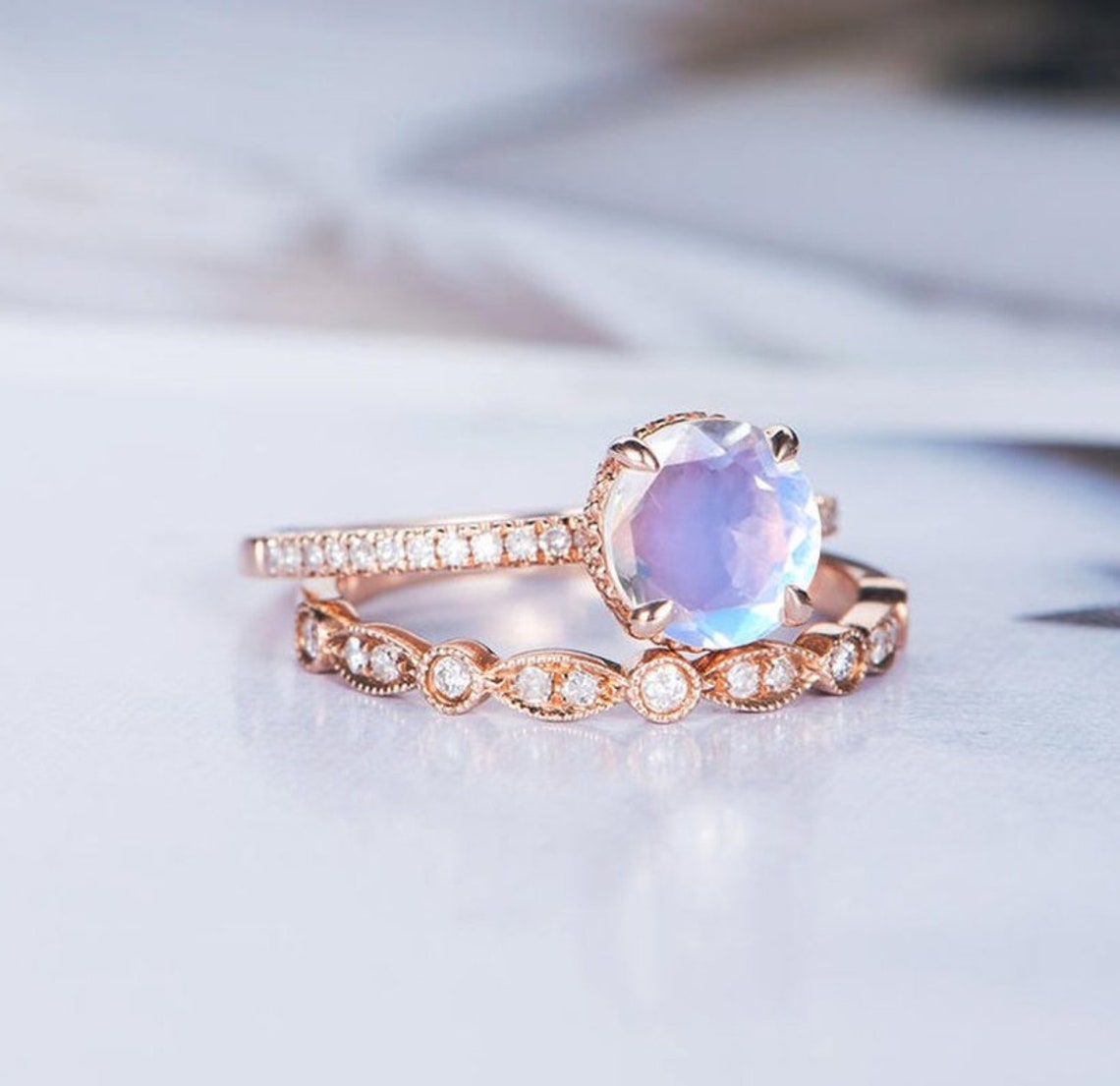 Rainbow Moonstone Wedding Set Ring in Sterling Silver Etsy