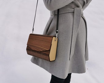 Walnut Wood Crossbody Bag, Leather Strap, Small Wooden Purse