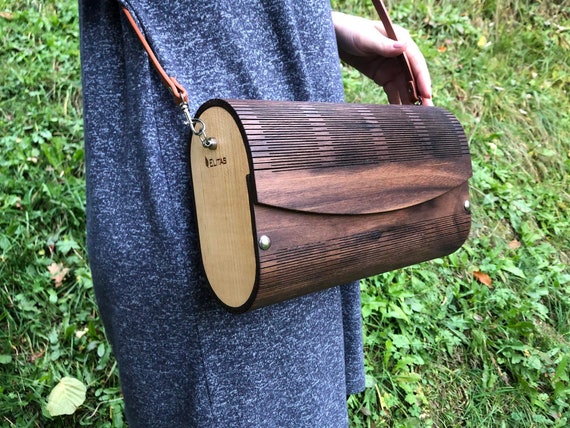 Handcrafted Wooden Crossbody Bag: Walnut & Ash, Adjustable Leather