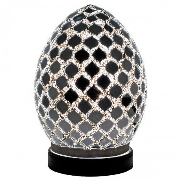 Mini Mosaic Art Deco Glass Egg Lamp - Mirrored Tile - Silver - Bedroom/Table Lamp