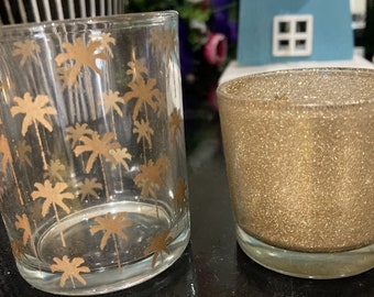 Set of 2 Gold Sparkle Glitter Tea-light Glass Holders including tea-lights  - Christmas Decor