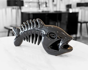 Ceramic Skeletal Fish Sculpture - Freestanding ornament in Glossy Black - Modern/Contemporary