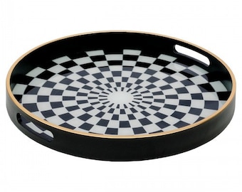 Circular Black Tray With Chequer Design-Serving Tray - Black and White