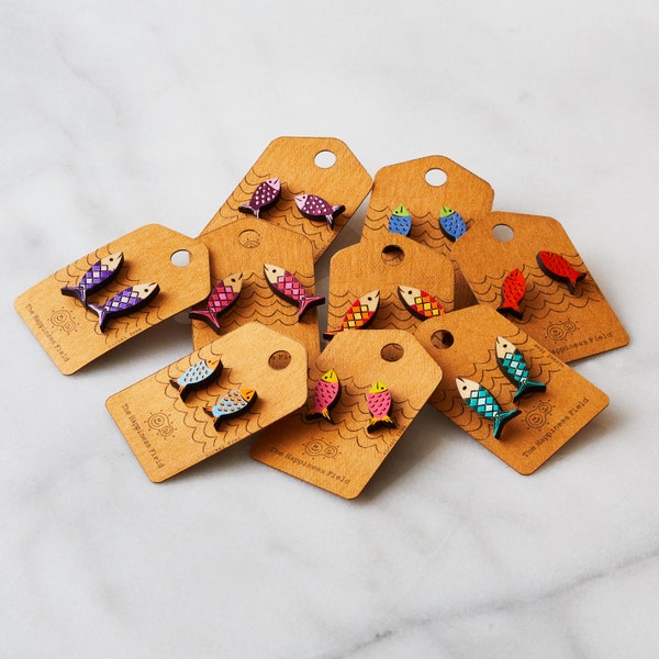 Plenty of Fish In the Sea - Colorful Wood Stud Earrings - Laser Cut and Hand Painted Fish Jewelry