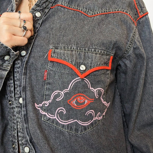 Veste Vintage Levi's Cutomisée, inspiration akatsuki, upcycling Clothes, fait main