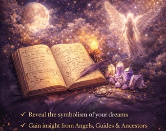 May include: An artistic illustration with the text "Dream Analysis" and "Decode the Messages in Your Dreams." The image features an open book, crystals, a candle, and a celestial background with an angel and a moon. The image also includes tarot cards.