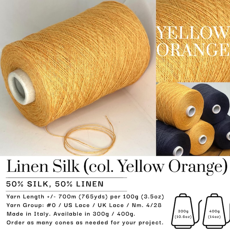 Silk Linen Yarn – Summer Cone Yarn – Natural Luxury Fiber for Knitting Crochet Yellow Orange