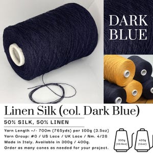 May include: A dark blue spool of yarn labeled Linen Silk, composed of 50% silk and 50% linen. The text indicates a yarn length of 700m per 100g (3.5oz), US Lace weight, and availability in 300g (10.6oz) or 400g (14oz) cones made in Italy.