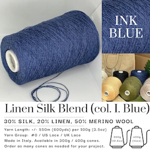 May include: A large cone of ink blue yarn labeled as a linen silk blend. The text specifies a composition of 30% silk, 20% linen, and 50% merino wool. It indicates a length of 600 yards per 3.5 ounces, with available cone weights of 10.6 and 14 ounces.