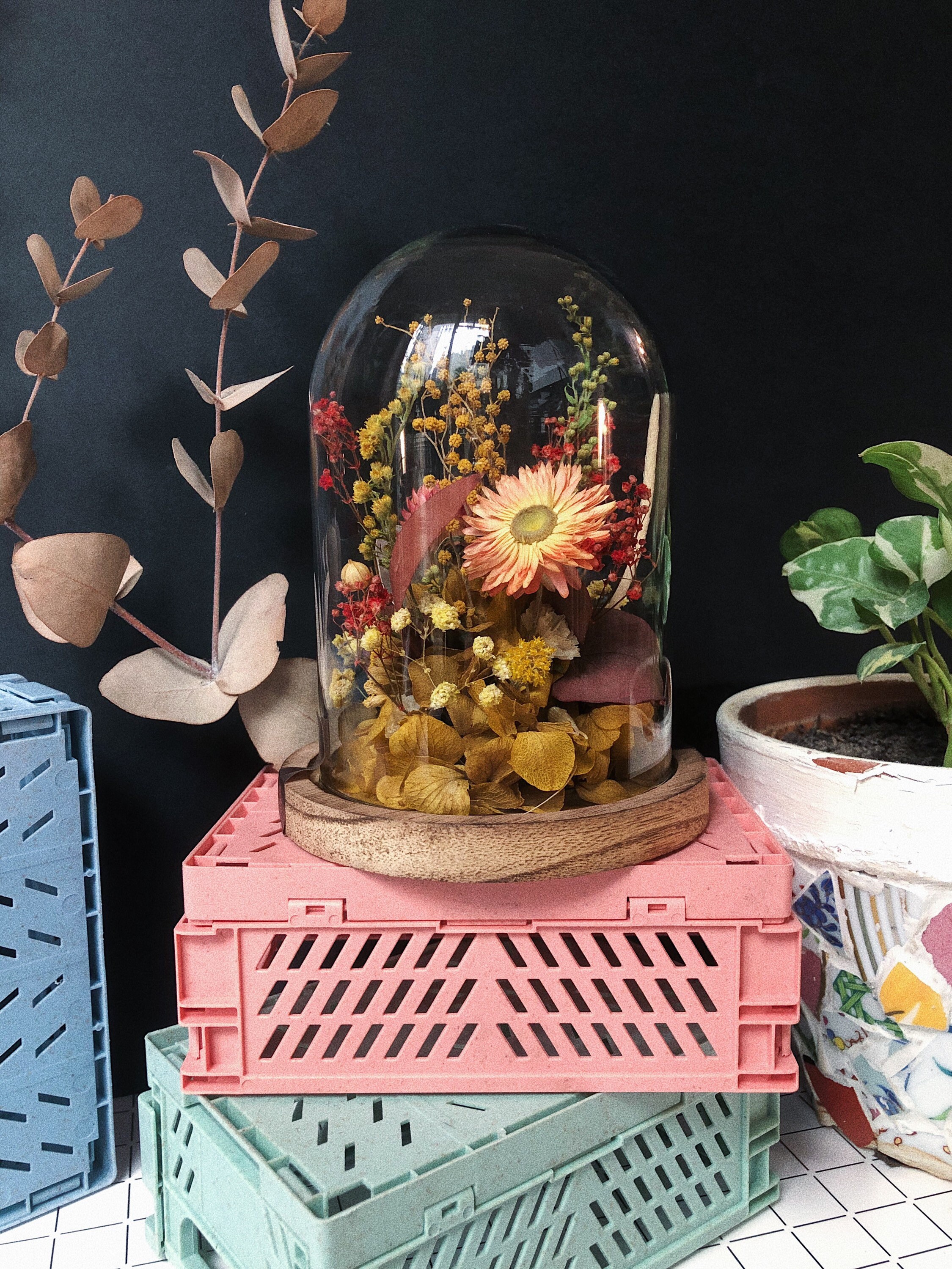 Petite Cloche de Fleurs Séchées Dans Les Tons Jaunes/Orangers