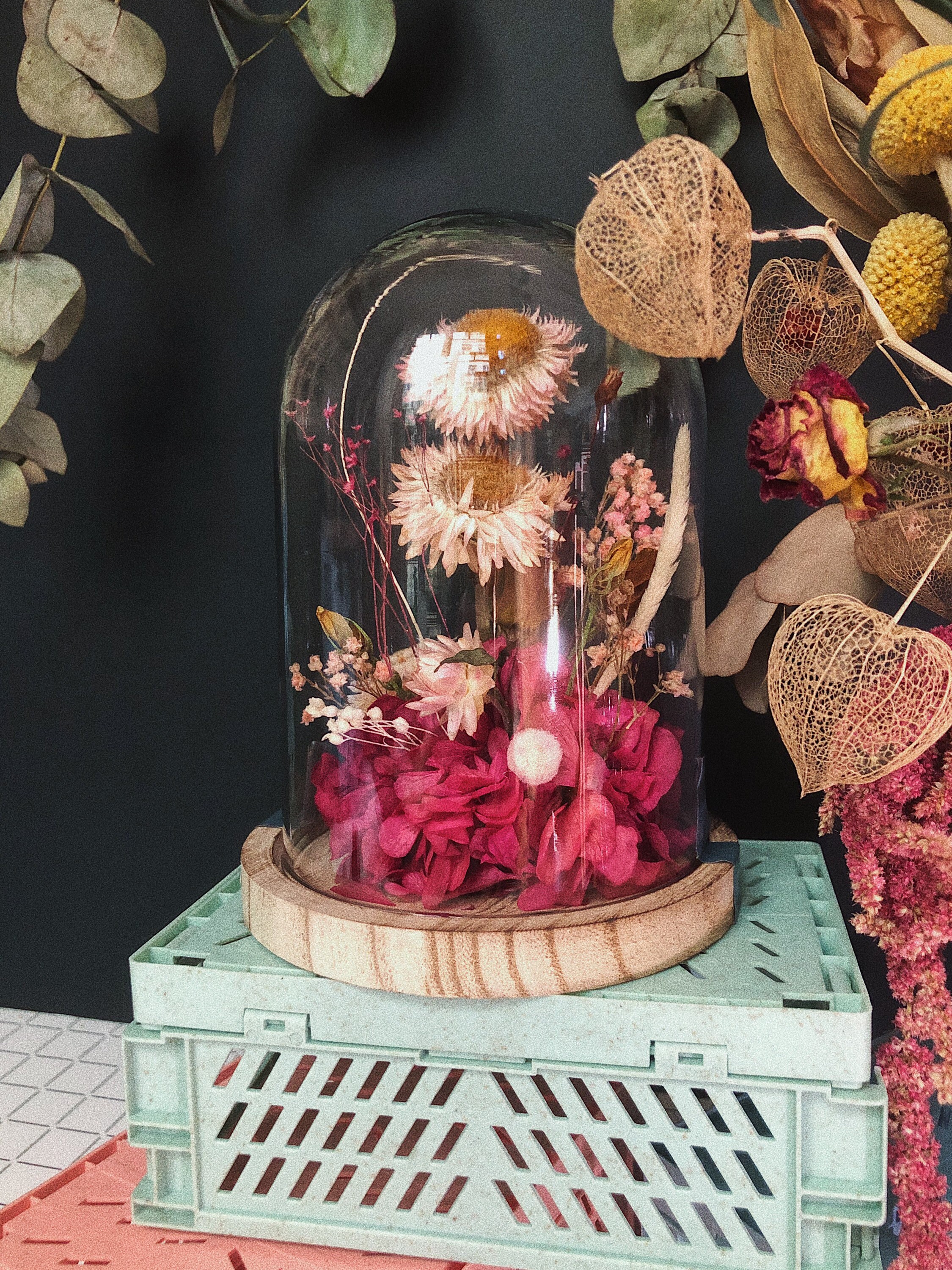 Petite Cloche de Fleurs Séchées Dans Les Tons Roses