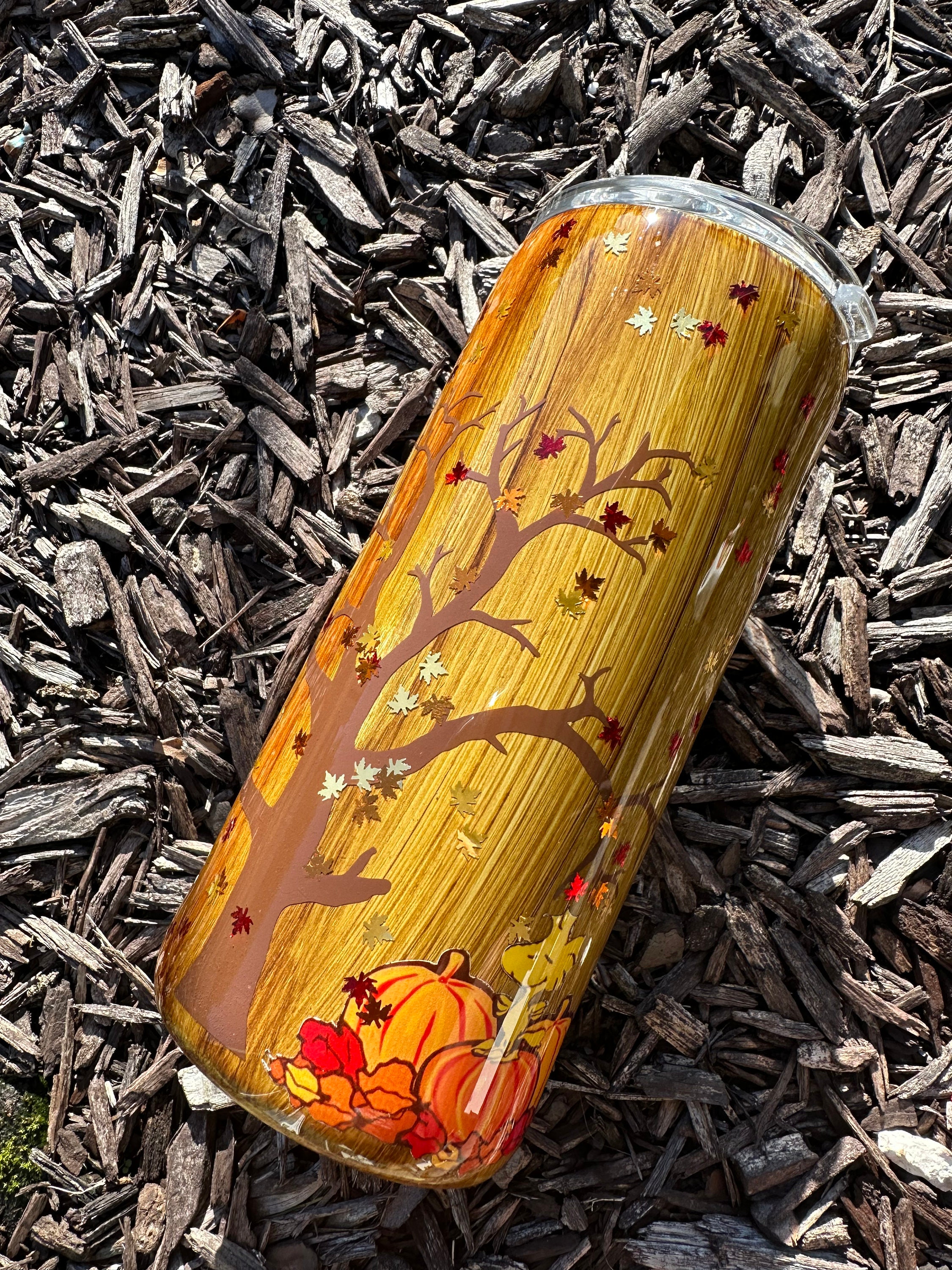 Charlie Brown Snoopy Fall themed Glitter Tumbler