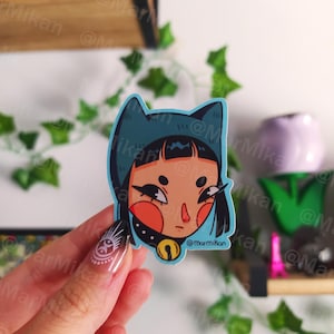 Pegatina vinilo chica gato kawaii azul // Sticker vinyle imperméable mignon chat bleu fille