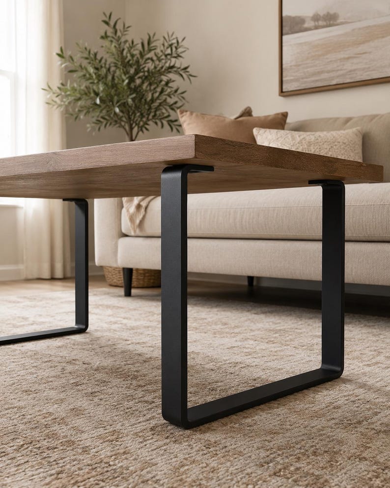 May include: A rectangular coffee table featuring a thick, medium-brown wood grain tabletop supported by two sturdy, matte black U-shaped metal legs. The design showcases a clean, flat surface with visible wood texture and sharp, angular metal supports.