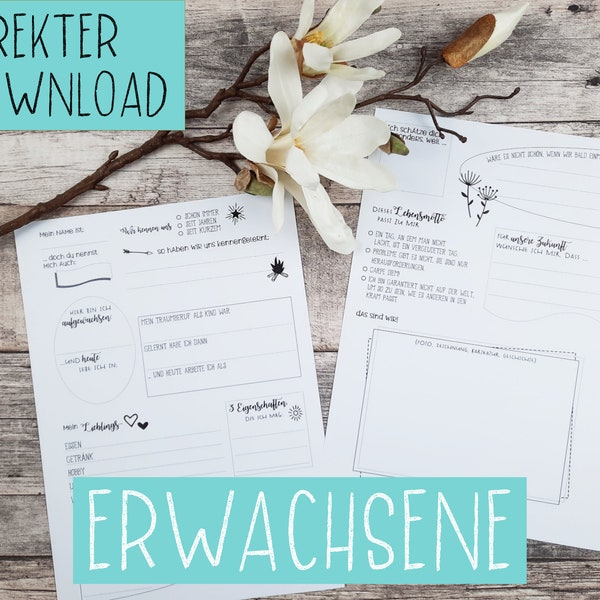 Freundebuchseiten für Erwachsene DIN A4 hochkant, Freundebuch für Frau und Mann - digitale Datei, Download, PDF