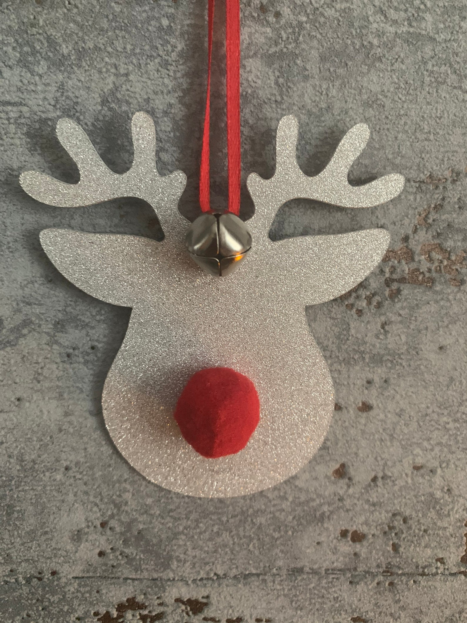 Silver Glitter Rudolph Red Nose Reindeer (tree) Hanging Decoration With ...
