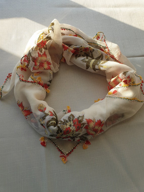 Vintage Turkish Scarf with Lace OYA - Traditional… - image 5