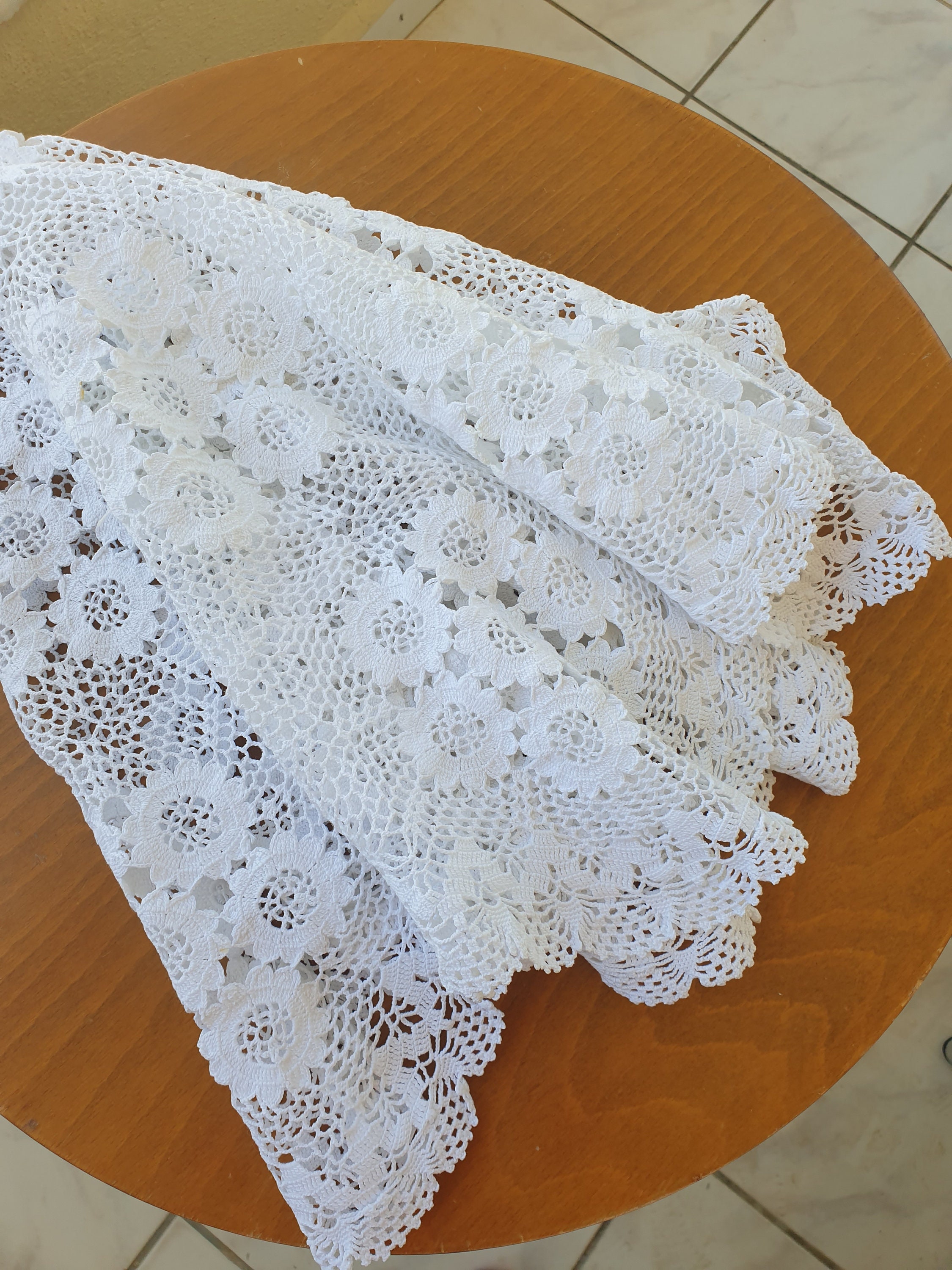 Hand crocheted lace tablecloth. lace coffee table cover. Etsy